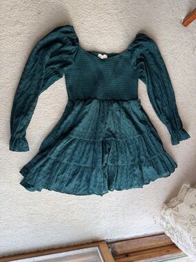 Altar'd State Deep Teal Smocked Tiered Long-Sleeve Dress